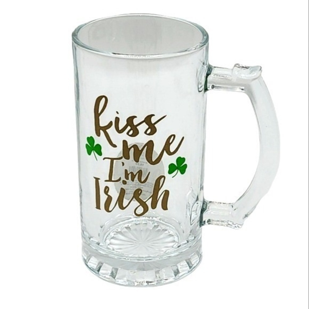 Kiss Me I'm Irish Clear Glass Beer Mug 15oz‎ St Patrick's Day Gift Idea